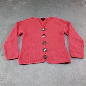 Pure Hand Knit Cardigan Sweater Womens Sz M‎ L Coral Big Buttons Chunky V-Neck
